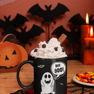 Hey BOO! Funny Halloween Mug, Ghost Coffee Cup, Silly vampire Bat, Trick-or-Treat Cup, goofy ghouls, Funny Ghost Mug Gift Black Mug 15oz image 2
