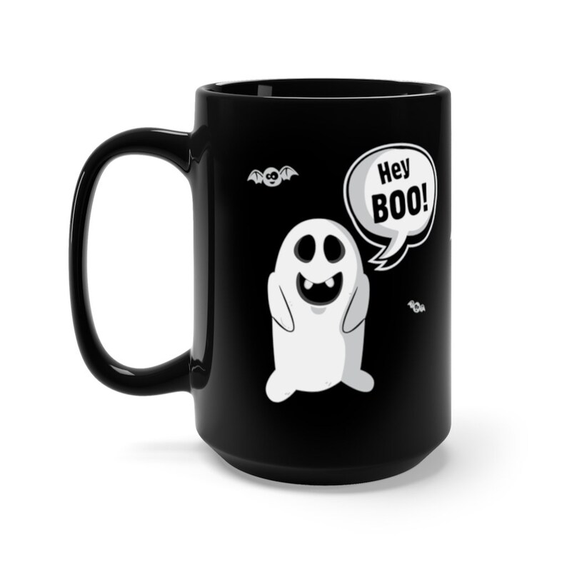 Hey BOO! Funny Halloween Mug, Ghost Coffee Cup, Silly vampire Bat, Trick-or-Treat Cup, goofy ghouls, Funny Ghost Mug Gift Black Mug 15oz image 4