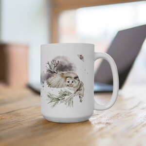 Schnee-Eule und Motten-Waldkreaturen, Winter-weiße Eulen-Becher, Winter-Aquarell-Teetasse, Herbst-Kaffee-Geschenke für Eulen-Liebhaber, 15oz