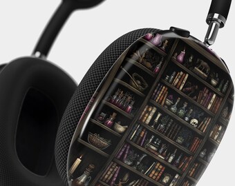 May include: Black headphones with a bookshelf design. The bookshelf is filled with books, potions, and other magical items. The headphones are a great way to listen to music or podcasts while you're on the go.
