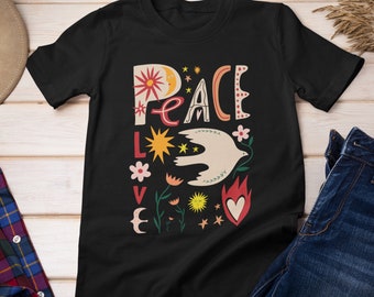 Peace and Love Dove Doodle art T-Shirt. Colorful Graphic Tee, Boho Christmas Top Valentines Day Tshirt Christian Top, Flower Sun Moon