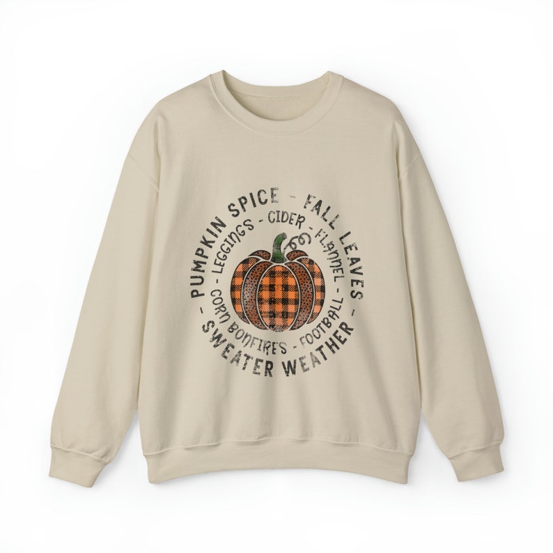May include: A beige sweatshirt with a graphic print of a pumpkin and the text "Pumpkin Spice - Cider - Leggings - Corn Bonfires - Sweater Weather - Fall Leaves - Flannel - Football" in a circle around the pumpkin.