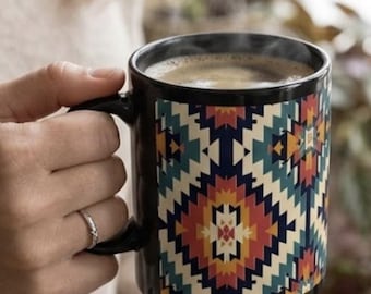 Aztec Coffee Mug, Colorful Tribal Design, Boho Kitchen Decor