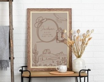 Aangepaste westerse kinderkamerprint | Babynaambordje cowboy