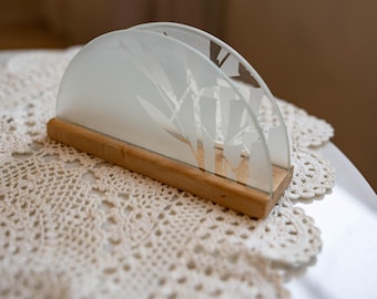 Vintage Etched Glass Napkin Holder Wood Base Frosted Floral Letter Holder Decor