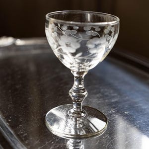 Może przedstawiać: Przezroczysty, grawerowany kieliszek z kwiatowym wzorem. Kieliszek ma krótki trzon i szeroką, płytką czaszę. Spoczywa na srebrnej tacy. Kieliszek ten jest prawdopodobnie używany do serwowania wina lub innych napojów. Wymiary w centymetrach.