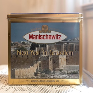 Vintage Manischewitz Jerusalem Sammlerdose, Aufbewahrungsbox für Judaica „Nächstes Jahr in Jerusalem“, Küchendekoration für Pessach, jüdisches Geschenk