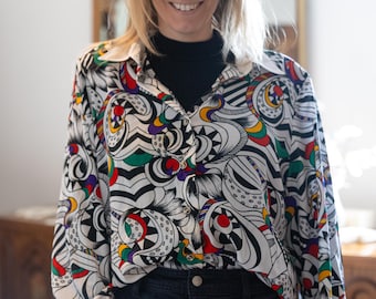 Vintage Grafik Print Bluse | 1980er–Anfang 1990er Abstraktes Button-Up Shirt | Auffälliges Retro Statement Top