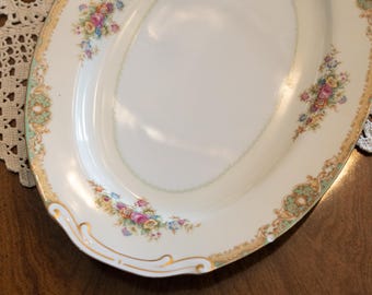 Vintage Jyoto China Oval Serving Platter Japan Floral Gold Trim – GREEN Traditional Porcelain Server with Chip