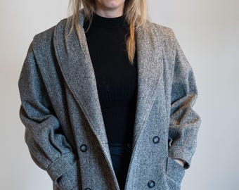 Vintage Herringbone Wool Coat – Oversized Gray Tailored Jacket | Made in USA Classic Minimal Outerwear