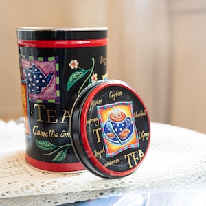 Scatola da tè vintage anni '90 Camellia Sinensis Intergoods Danimarca Nero Rosso Teiera Contenitore Cucina