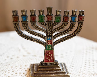 Vintage Brass Enamel Menorah Israel Shalom Judaica Mini Hanukkah Candle Holder
