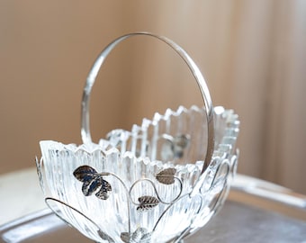 Vintage Sowerby Glass Bride’s Basket, 1950s Sawtooth Rim Bowl with Chrome Handle, English Pressed Glass Mantel Vase
