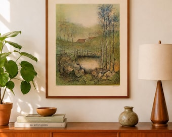 UNFRAMED Signed Numbered Landscape Lithograph on Arches France Paper, Limited Edition 12/50 Woodland Print, Vintage Cottage Wall Art Decor
