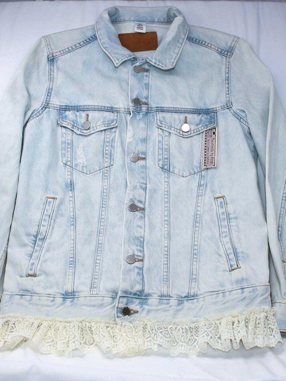 Upcycled Denim Jacket Size 12 with Cream Lace Ruffles – Handmade Light Wash Jean Jacket