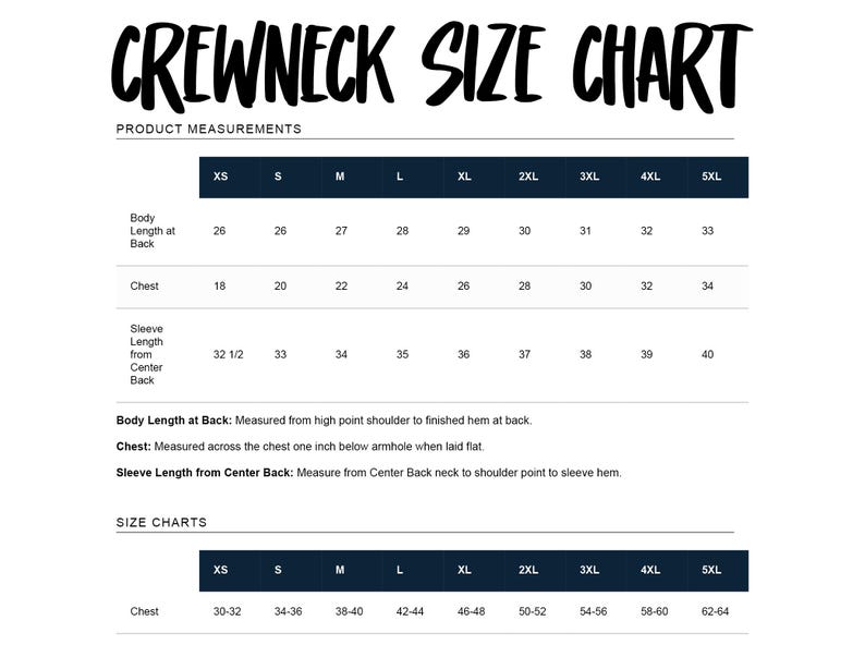 May include: Crewneck size chart with product measurements and size charts. The chart includes body length, chest, and sleeve length measurements in inches for sizes XS to 5XL. The text explains how to measure each part.