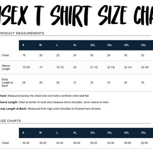 May include: A white size chart for unisex t-shirts, with black text. The chart includes product measurements for chest, sleeve length, and body length, as well as size charts for chest measurements in inches. Sizes range from S to 5XL.