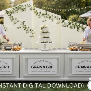 Op de afbeelding: Een witte cateringopstelling op een buitenevenement. De opstelling omvat een drielaagse taart, voedselverwarmers en personeel dat gasten bedient. De tekst "GRAIN & GRIT STUDIO" is zichtbaar aan de voorkant. De afbeelding bevat ook de tekst "(INSTANT DIGITAL DOWNLOAD)".