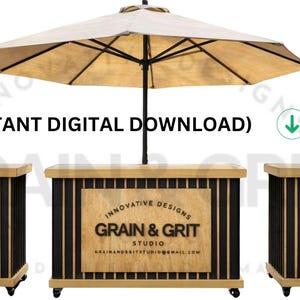 May include: A set of three wooden display stands with black vertical accents and a light-colored top. The center stand features a logo that reads "GRAIN & GRIT STUDIO". An umbrella is positioned above the center stand. Text on the image reads "(INSTANT DIGITAL DOWNLOAD)" and "DOWNLOAD".