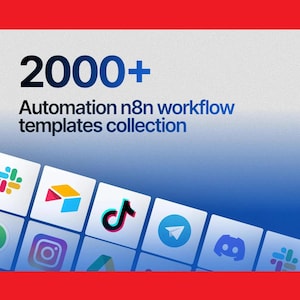 Może przedstawiać: Obraz z tekstem "2000+ Automation n8n workflow templates collection." Obraz przedstawia siatkę ikon aplikacji, w tym Slack, TikTok, Instagram i Discord, na tle niebieskiego gradientu z czerwoną obwódką.