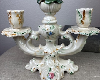 Vintage Italian Porcelain Capodimonte Style Candelabra - Two-Arm Candelabra with Applied Roses