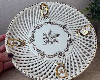 Vintage Reticulated Porcelain Bowl – Gold Filigree Floral Detail, Mid-Century Pierced Dish