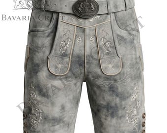 Goatskin Grey Lederhosen Embroidered Oktoberfest Shorts Traditional Bavarian Outfit