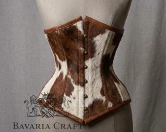 Cowhide Leather Underbust Corset | Hair-On Hide Waist Trainer | Steel Boned Steampunk Style | Gothic Outfit