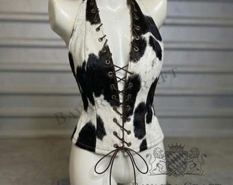 Halter korsettop van rundleer | Backless clubfeestkleding met veters