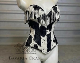 Top corsé de piel de vaca con flecos / Sobrebusto con varillas de acero / Bustier estilo western / Faja reductora
