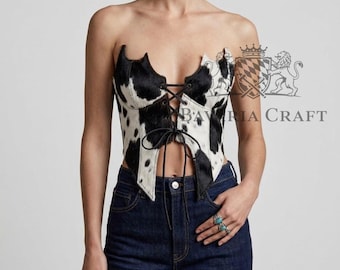 Black & White Cowhide Lace-Up Bustier Top | Waist Trainer Corset