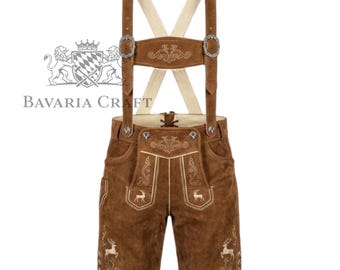 Authentic Suede Leather Lederhosen | Embroidered Suspenders Oktoberfest Costume