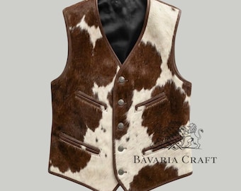 Men's Black White Hair-On Cowhide Leather Vest | Western Cowboy Biker Waistcoat