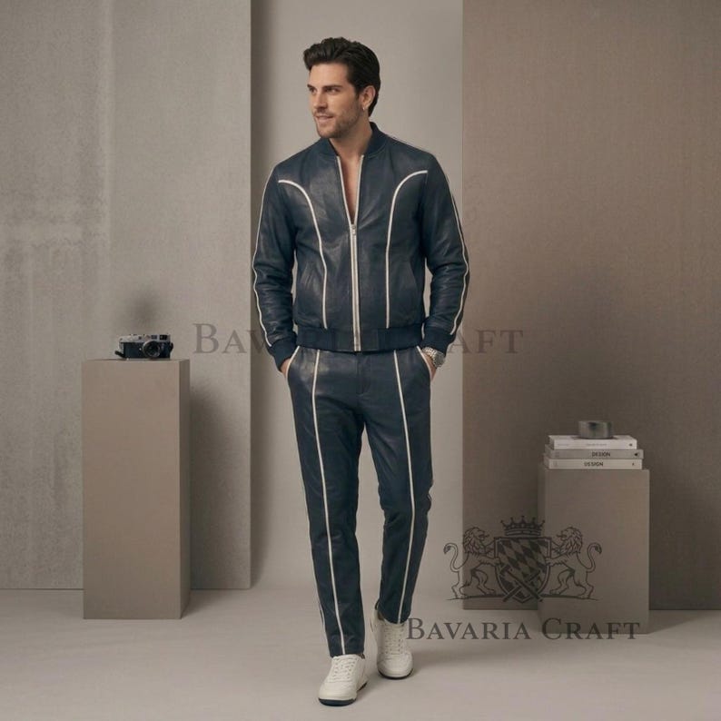 May include: Navy blue leather bomber jacket and matching trousers with white piping. The jacket features a zip closure, and the trousers have a straight leg. The outfit is completed with white trainers.
