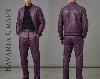 Men's Brayden Leather Track Suit [Purple/Black] Sweatsuit Real Soft lambskin leather