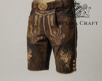 Authentic Leather Lederhosen Shorts, Bavarian Oktoberfest Oskar German Outfit