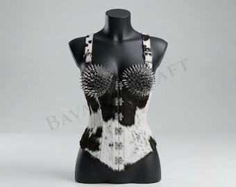 Cowhide Spiked Leather Corset, Gothic Steel Boned Bustier, Punk Studded Waist Trainer, Festival Corset