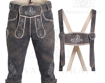 Suede Leather Lederhosen | Oktoberfest Handcrafted Costume In Dark Grey | Trachten Bundhosen