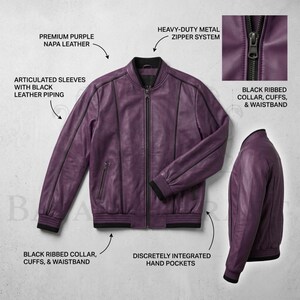 May include: A premium purple Napa leather bomber jacket with articulated sleeves and black leather piping. Features a heavy-duty metal zipper, black ribbed collar, cuffs, and waistband. Includes discreetly integrated hand pockets.