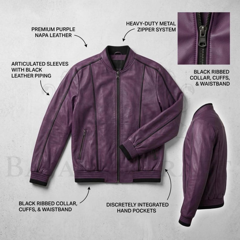 May include: A premium purple Napa leather bomber jacket with articulated sleeves and black leather piping. Features a heavy-duty metal zipper, black ribbed collar, cuffs, and waistband. Includes discreetly integrated hand pockets.