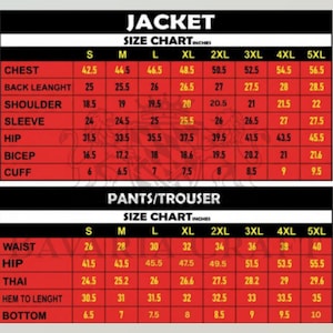 Puede incluir: Una tabla de tallas para chaquetas y pantalones, con medidas en pulgadas. La tabla est&aacute; dividida en tallas S a 5XL, enumerando medidas de pecho, largo de espalda, hombro, manga, cadera, b&iacute;ceps y pu&ntilde;o para chaquetas, y cintura, cadera, muslo, largo y bajo para pantalones.