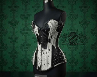 Spiked Cowhide Leather Corset | Steel Boned Gothic Bustier | Punk Waist Trainer | Festival Corset