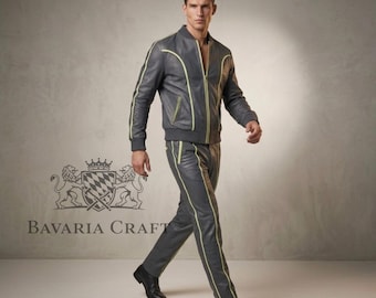 Men's Brayden Leather Track Suit [Slate Grey/Neon] Sweatsuit Real Soft lambskin leather