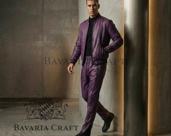 Men's Brayden Leather Track Suit [Purple/Black] Sweatsuit Genuine lambskin leather