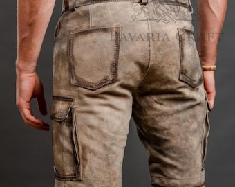 Datschi Trachten Cargo Leather Trousers  Goatskin Marble Light Brown Vintage Look