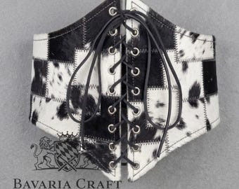 レディースコルセットベルト｜本革（牛革ポニースキンレザー）｜ルネッサンス風レースアップ｜ドレス用刻印入りステートメントベルト