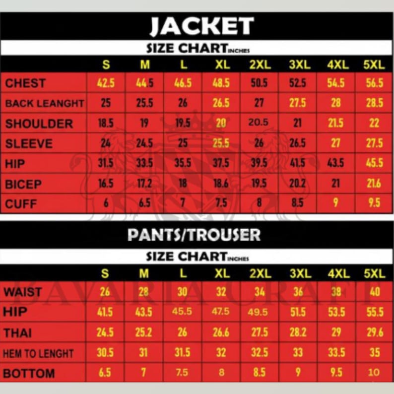 May include: A red and white size chart for jackets and trousers, with measurements in inches. Sizes range from S to 5XL. Measurements include chest, sleeve, waist, and hip. The text 'JACKET' and 'PANTS/TROUSER' are visible.