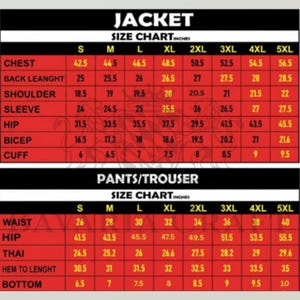 May include: A size chart for jackets and pants/trousers, with measurements in inches. The chart is divided into sizes S to 5XL, listing chest, back length, shoulder, sleeve, hip, bicep, and cuff measurements for jackets, and waist, hip, thai, hem to length, and bottom measurements for pants.