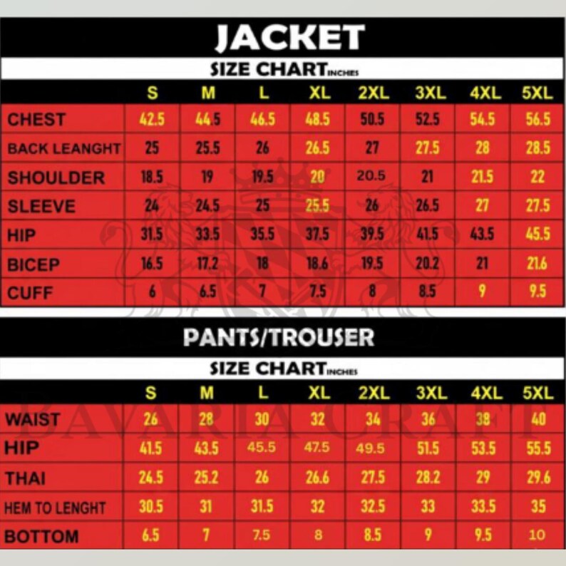 May include: A size chart for jackets and pants/trousers, with measurements in inches. The chart is divided into sizes S to 5XL, listing chest, back length, shoulder, sleeve, hip, bicep, and cuff measurements for jackets, and waist, hip, thai, hem to length, and bottom measurements for pants.