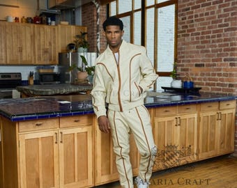 Men's BRAYDEN Leather TrackSuit (BEIGE/SADDLE) Sweat Suit Soft Lambskin Leather